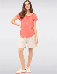 Solid Cotton Eyelet Sleeve Keyhole Neckline & Crochet Accents Top by Froccella