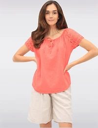 Solid Cotton Eyelet Sleeve Keyhole Neckline & Crochet Accents Top by Froccella