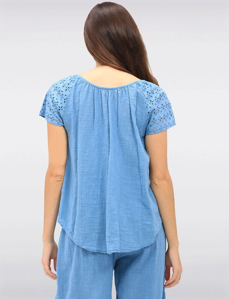 Solid Cotton Eyelet Sleeve Keyhole Neckline & Crochet Accents Top by Froccella