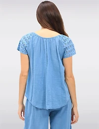 Solid Cotton Eyelet Sleeve Keyhole Neckline & Crochet Accents Top by Froccella
