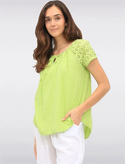 Solid Cotton Eyelet Sleeve Keyhole Neckline & Crochet Accents Top by Froccella