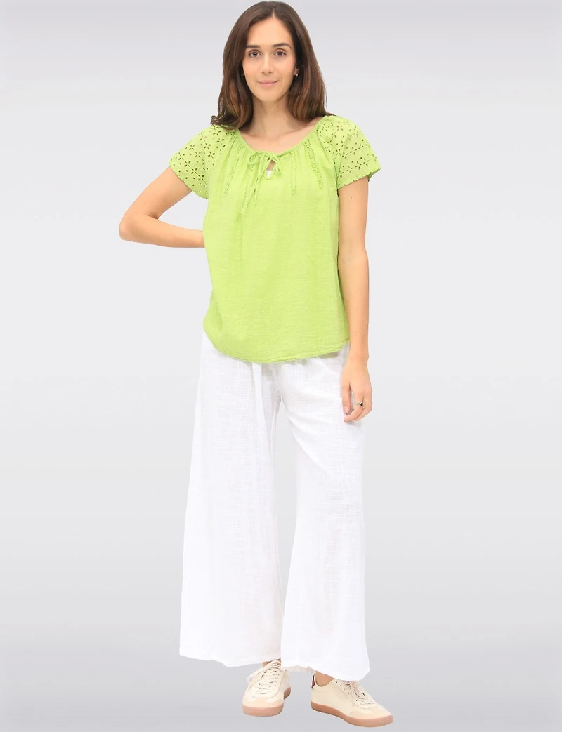 Solid Cotton Eyelet Sleeve Keyhole Neckline & Crochet Accents Top by Froccella