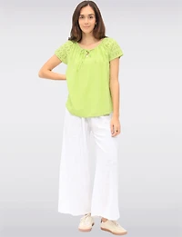 Solid Cotton Eyelet Sleeve Keyhole Neckline & Crochet Accents Top by Froccella
