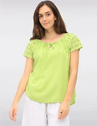 Solid Cotton Eyelet Sleeve Keyhole Neckline & Crochet Accents Top by Froccella