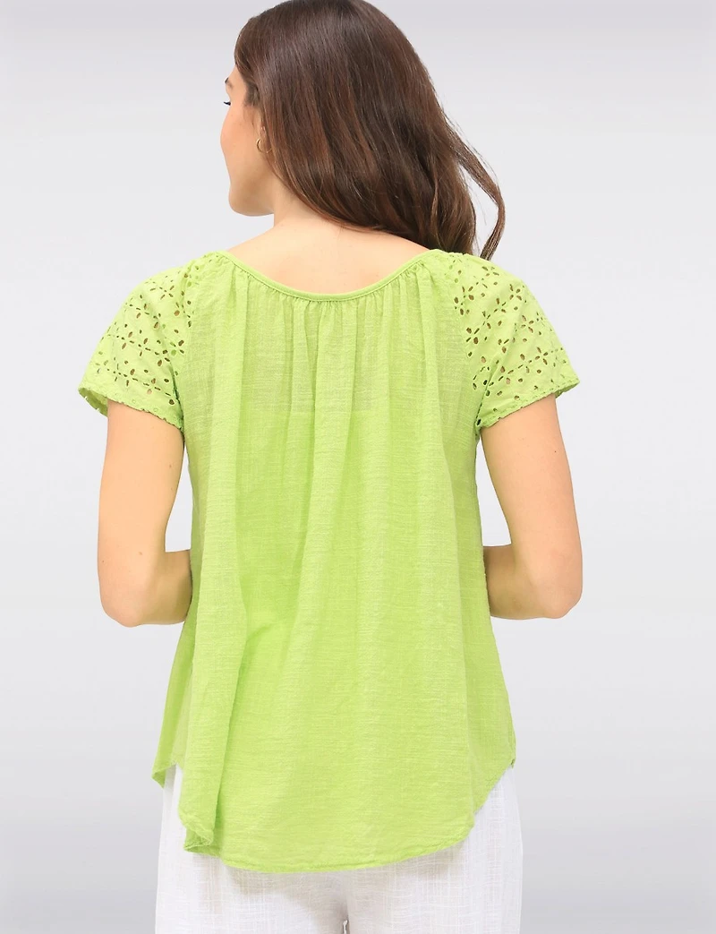 Solid Cotton Eyelet Sleeve Keyhole Neckline & Crochet Accents Top by Froccella