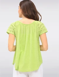 Solid Cotton Eyelet Sleeve Keyhole Neckline & Crochet Accents Top by Froccella