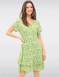 Slim Fit Two-Tiered Short Sleeve Floral Print V-neck Crinkled Dress By Froccella