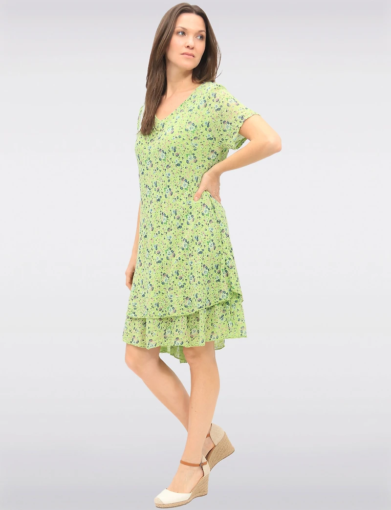 Slim Fit Two-Tiered Short Sleeve Floral Print V-neck Crinkled Dress By Froccella