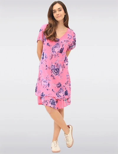 Two-Tiered Short Sleeve Elegant Floral Print V-neck Crinkled Dress By Froccella