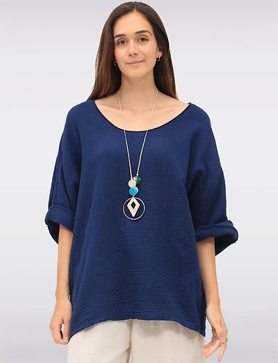 V-Neck 3/4 Sleeve Crinkled Cotton Loose Fit Top with Necklace by Froccella