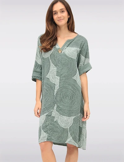 Swirl Print Front Button Detail 3/4 Sleeves & Split Neckline Dress by Froccella
