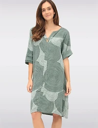 Swirl Print Front Button Detail 3/4 Sleeves & Split Neckline Dress by Froccella