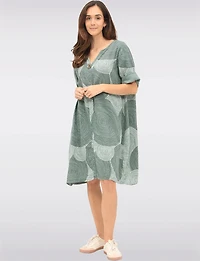 Swirl Print Front Button Detail 3/4 Sleeves & Split Neckline Dress by Froccella