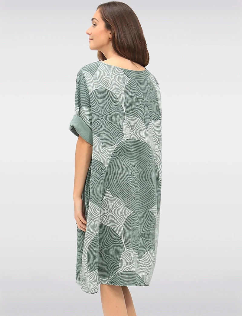 Swirl Print Front Button Detail 3/4 Sleeves & Split Neckline Dress by Froccella