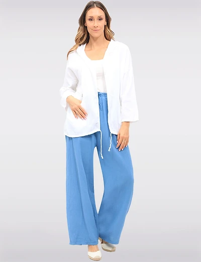 Textured Cotton Wide-Leg Pants with Elastic Waist and Front Pockets by Froccella
