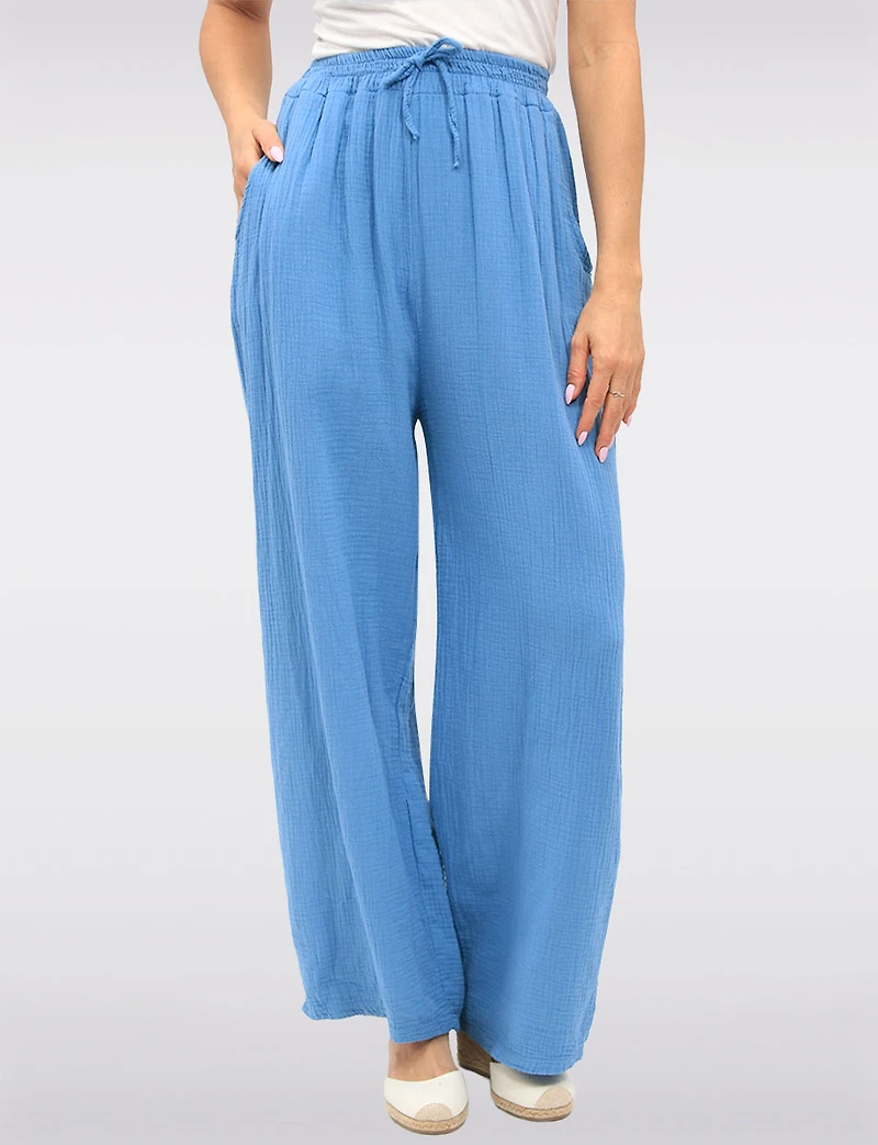 Textured Cotton Wide-Leg Pants with Elastic Waist and Front Pockets by Froccella