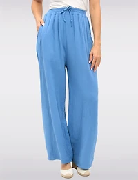 Textured Cotton Wide-Leg Pants with Elastic Waist and Front Pockets by Froccella