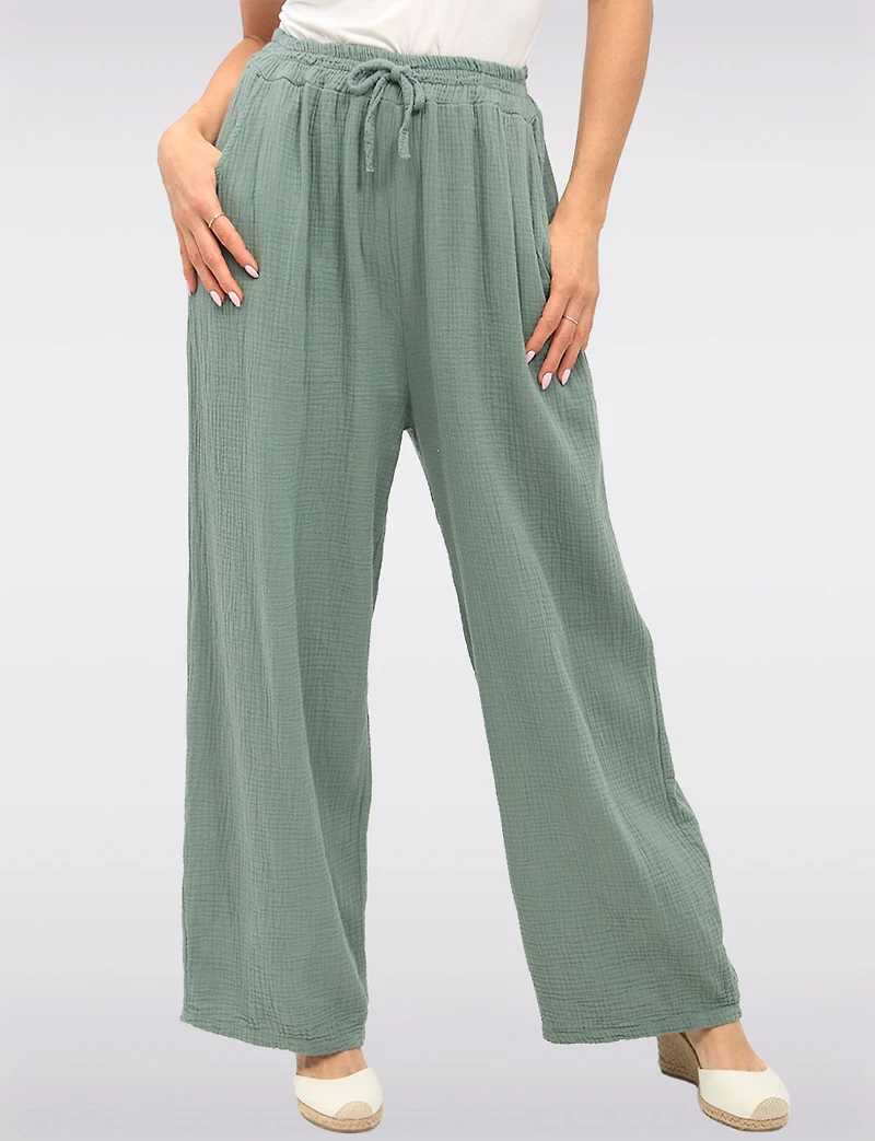 Textured Cotton Wide-Leg Pants with Elastic Waist and Front Pockets by Froccella