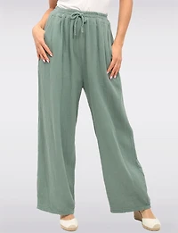 Textured Cotton Wide-Leg Pants with Elastic Waist and Front Pockets by Froccella