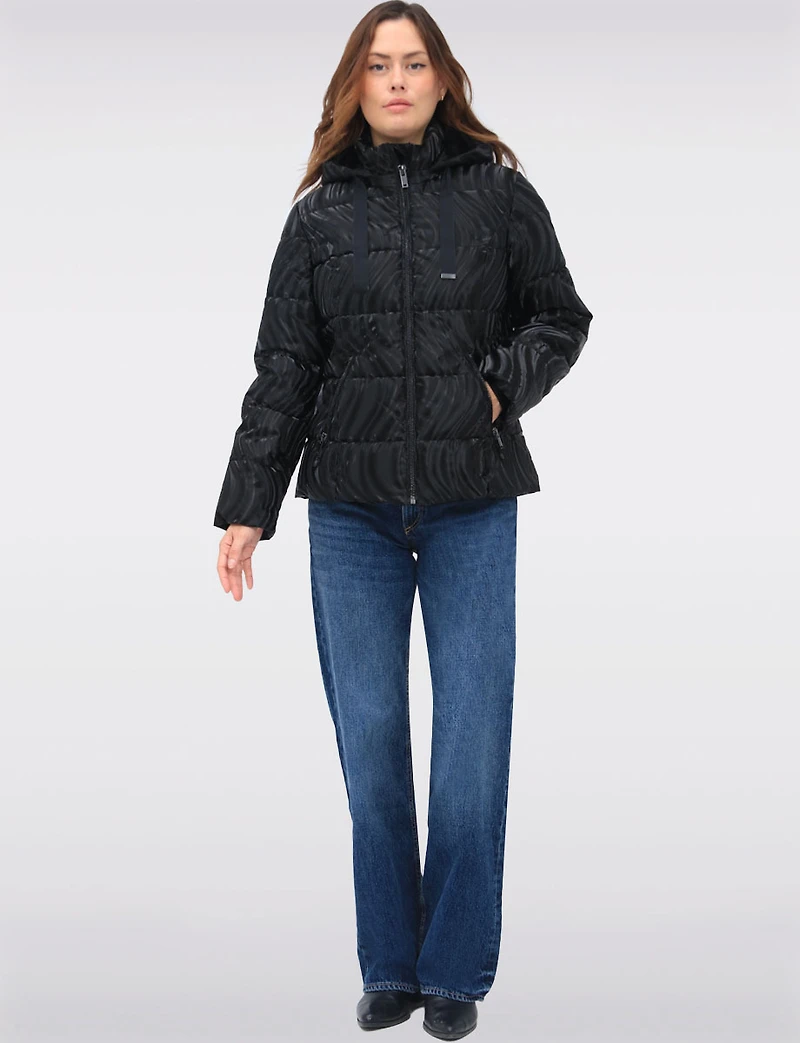 Rubber Swirl Design Jacket with Detachable Faux Fur Lined Hood by Carre Noir