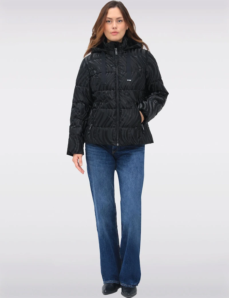 Rubber Swirl Design Jacket with Detachable Faux Fur Lined Hood by Carre Noir