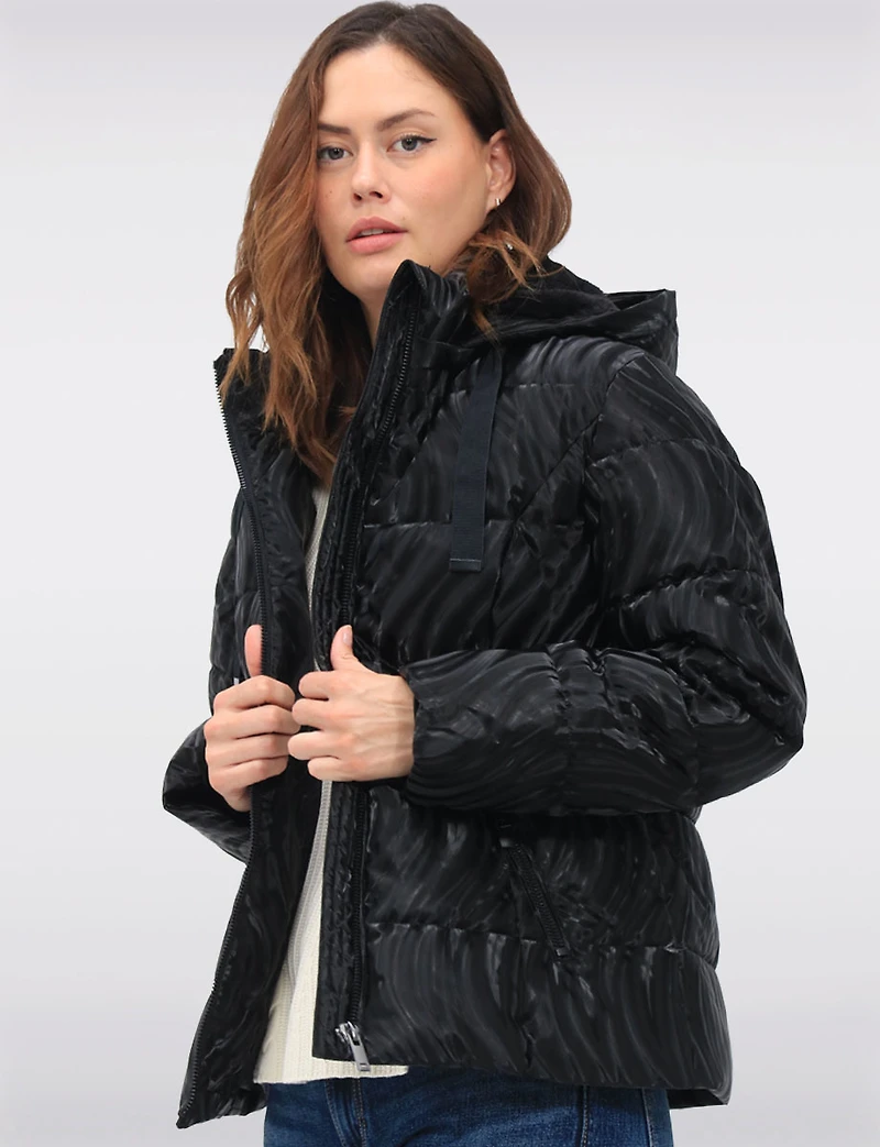 Rubber Swirl Design Jacket with Detachable Faux Fur Lined Hood by Carre Noir