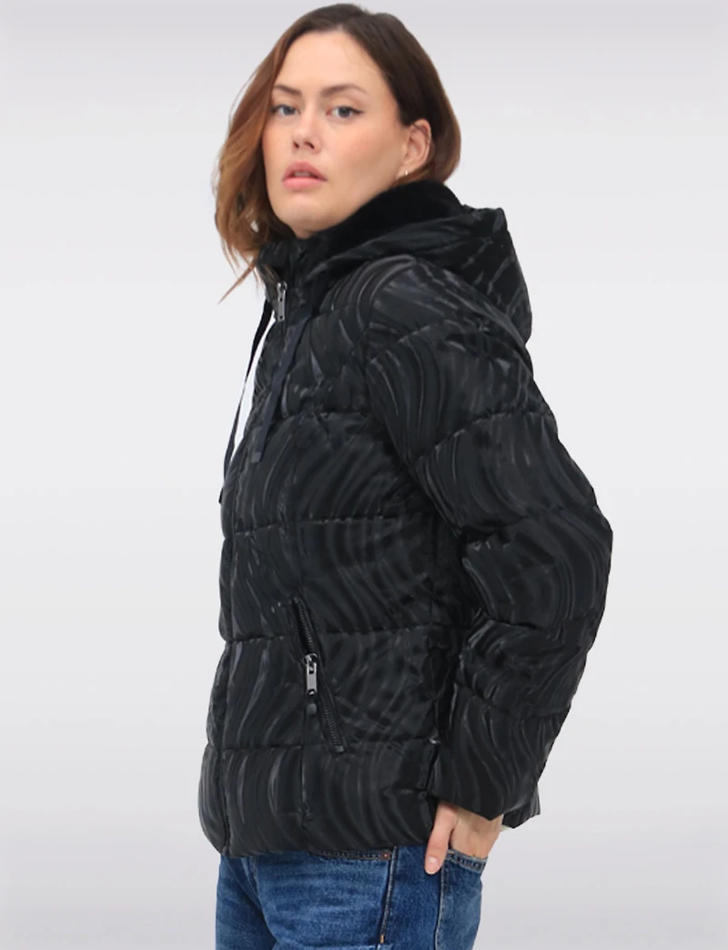 Rubber Swirl Design Jacket with Detachable Faux Fur Lined Hood by Carre Noir