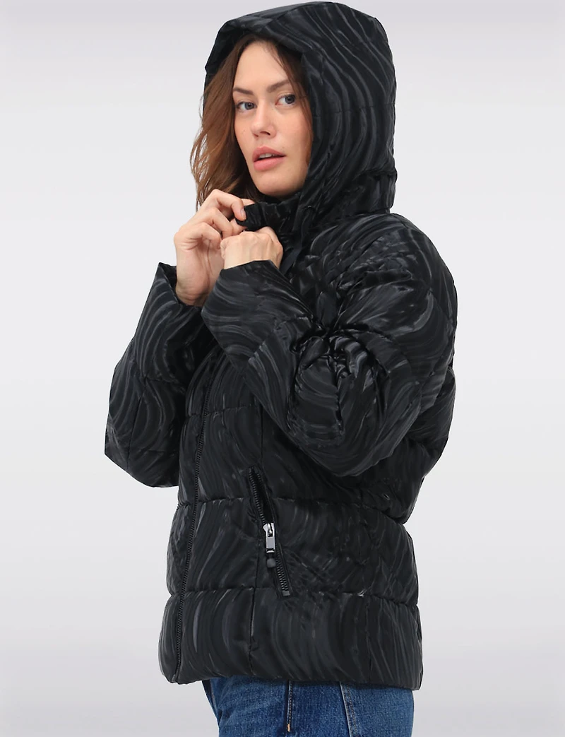 Rubber Swirl Design Jacket with Detachable Faux Fur Lined Hood by Carre Noir