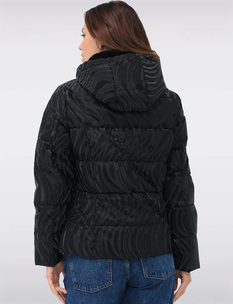 Rubber Swirl Design Jacket with Detachable Faux Fur Lined Hood by Carre Noir