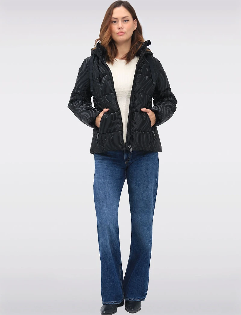 Rubber Swirl Design Jacket with Detachable Faux Fur Lined Hood by Carre Noir