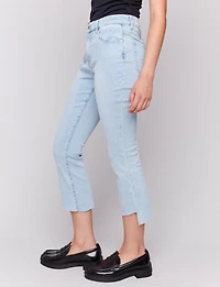 Elegant Light Wash Asymmetrical Hemline Stretchy Cropped Jeans by Charlie B.