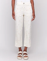 Stretch Straight Cut Embroidered Floral Detail Cropped Twill Pants by Charlie B.