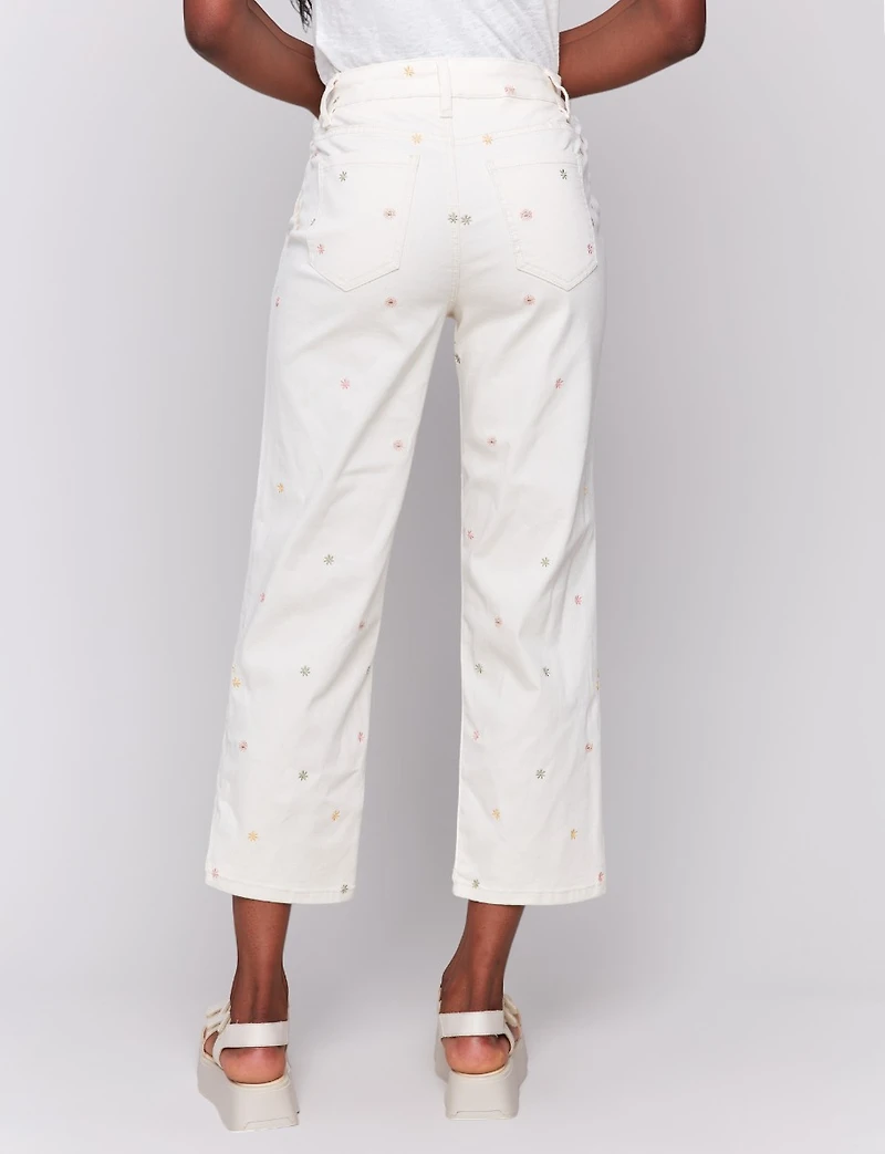 Stretch Straight Cut Embroidered Floral Detail Cropped Twill Pants by Charlie B.