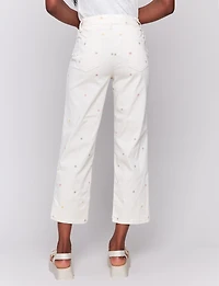 Stretch Straight Cut Embroidered Floral Detail Cropped Twill Pants by Charlie B.