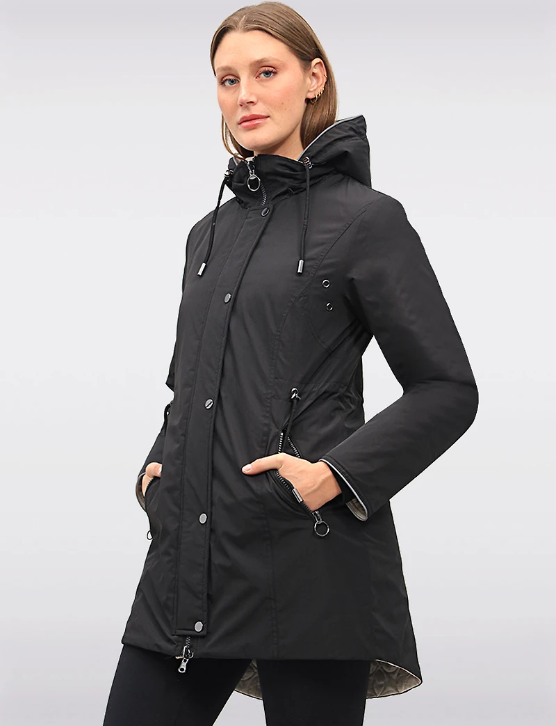 Reversible Water-Resistant Quilted Parka with Hooded Drawstring by Saki