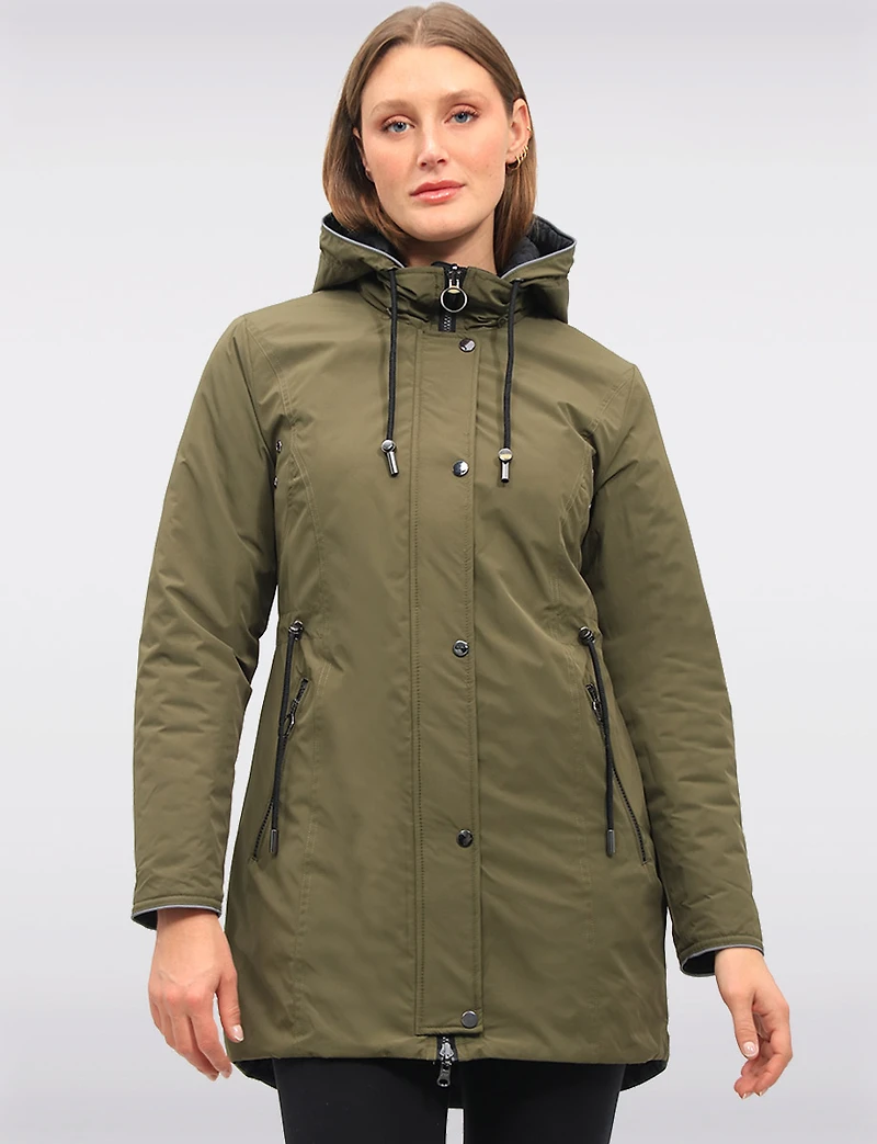Reversible Water-Resistant Quilted Parka with Hooded Drawstring by Saki