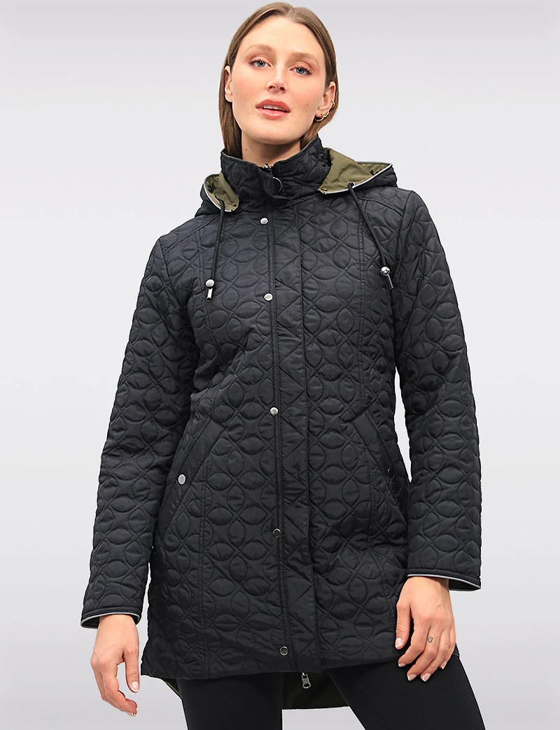 Reversible Water-Resistant Quilted Parka with Hooded Drawstring by Saki