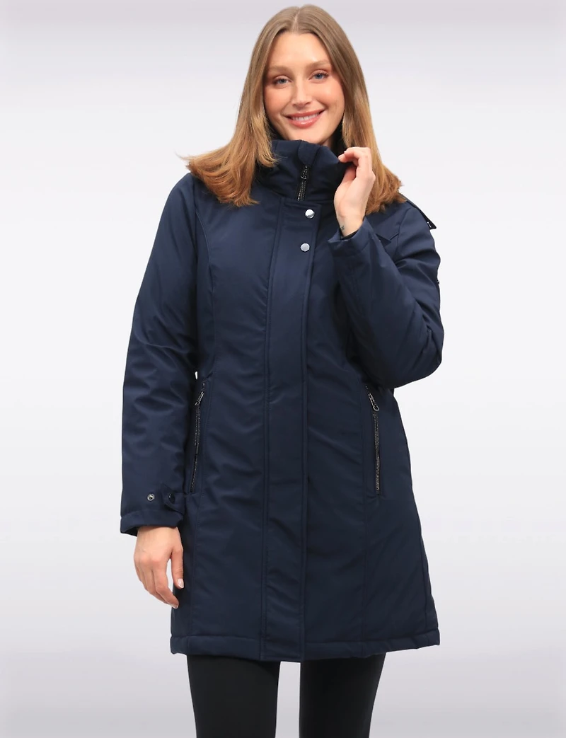 Straight Fit Vegan Smooth Polyloft® Coat Detachable Faux Fur Lined Hood by Saki