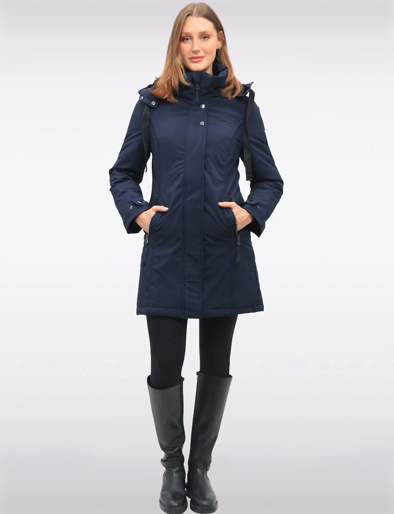 Straight Fit Vegan Smooth Polyloft® Coat Detachable Faux Fur Lined Hood by Saki