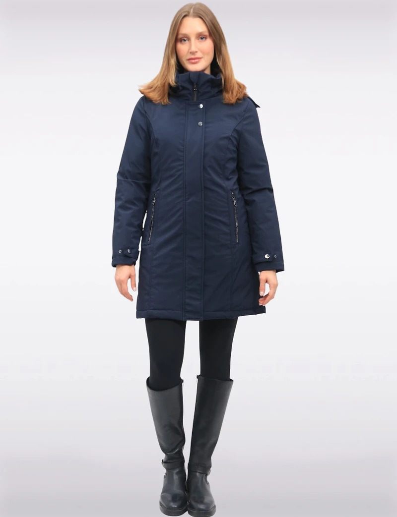 Straight Fit Vegan Smooth Polyloft® Coat Detachable Faux Fur Lined Hood by Saki