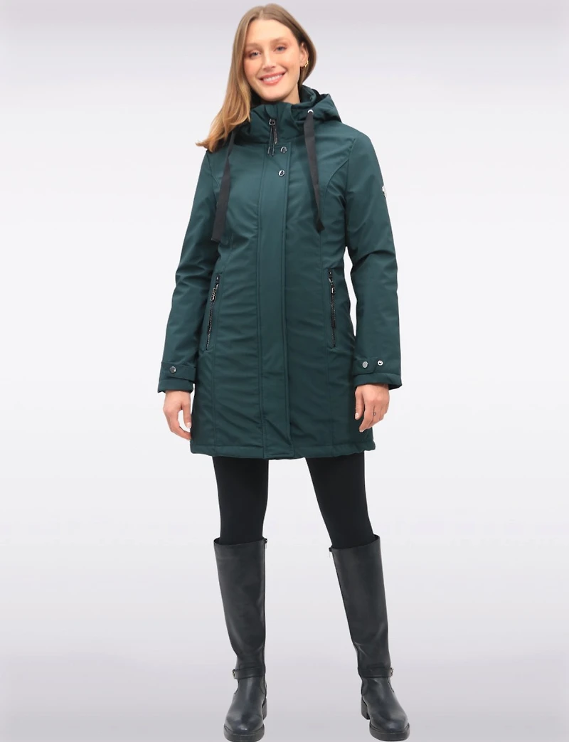 Straight Fit Vegan Smooth Polyloft® Coat Detachable Faux Fur Lined Hood by Saki