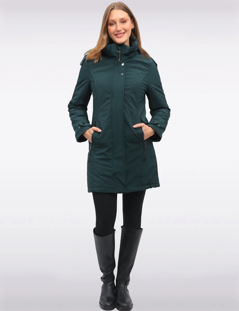 Straight Fit Vegan Smooth Polyloft® Coat Detachable Faux Fur Lined Hood by Saki