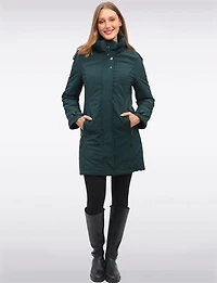 Straight Fit Vegan Smooth Polyloft® Coat Detachable Faux Fur Lined Hood by Saki