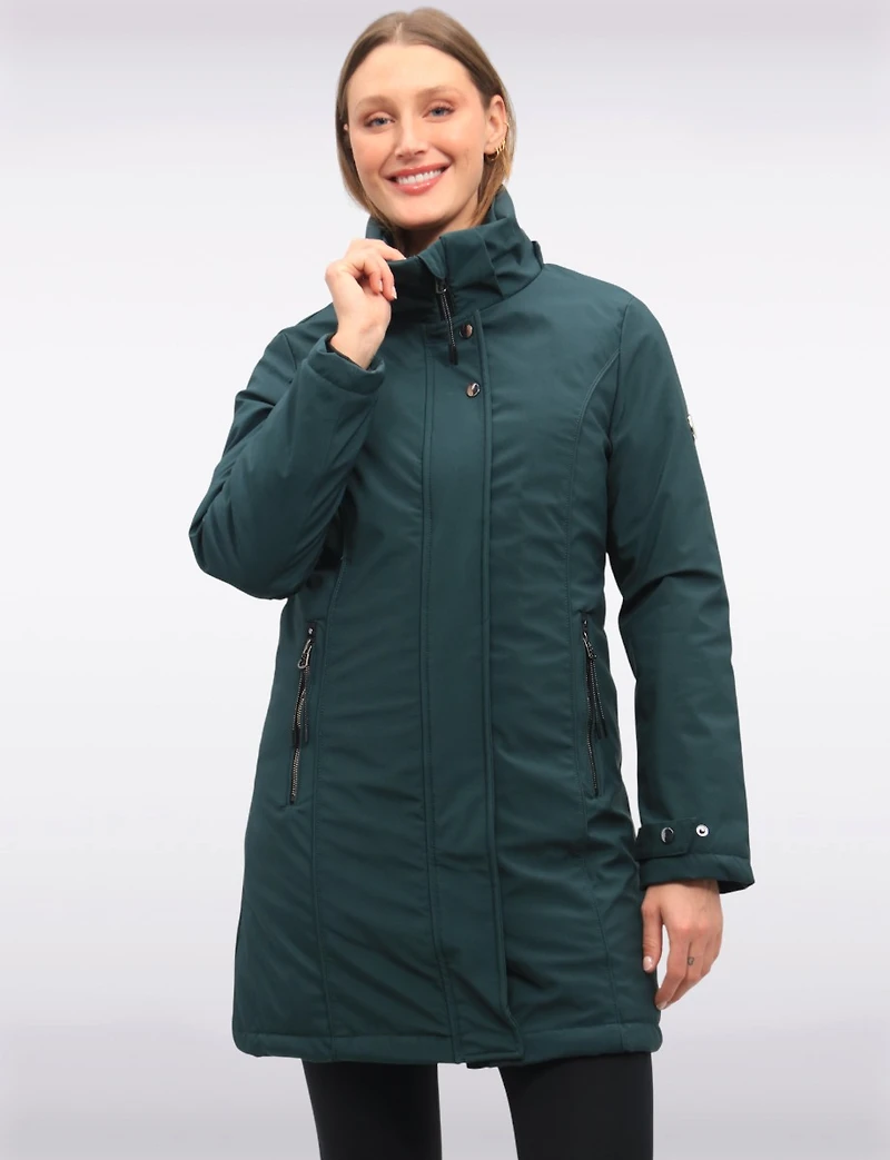 Straight Fit Vegan Smooth Polyloft® Coat Detachable Faux Fur Lined Hood by Saki