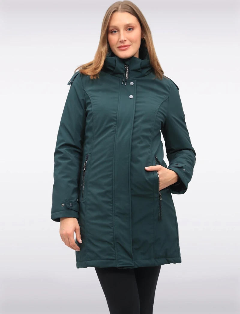 Straight Fit Vegan Smooth Polyloft® Coat Detachable Faux Fur Lined Hood by Saki