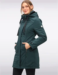 Straight Fit Vegan Smooth Polyloft® Coat Detachable Faux Fur Lined Hood by Saki