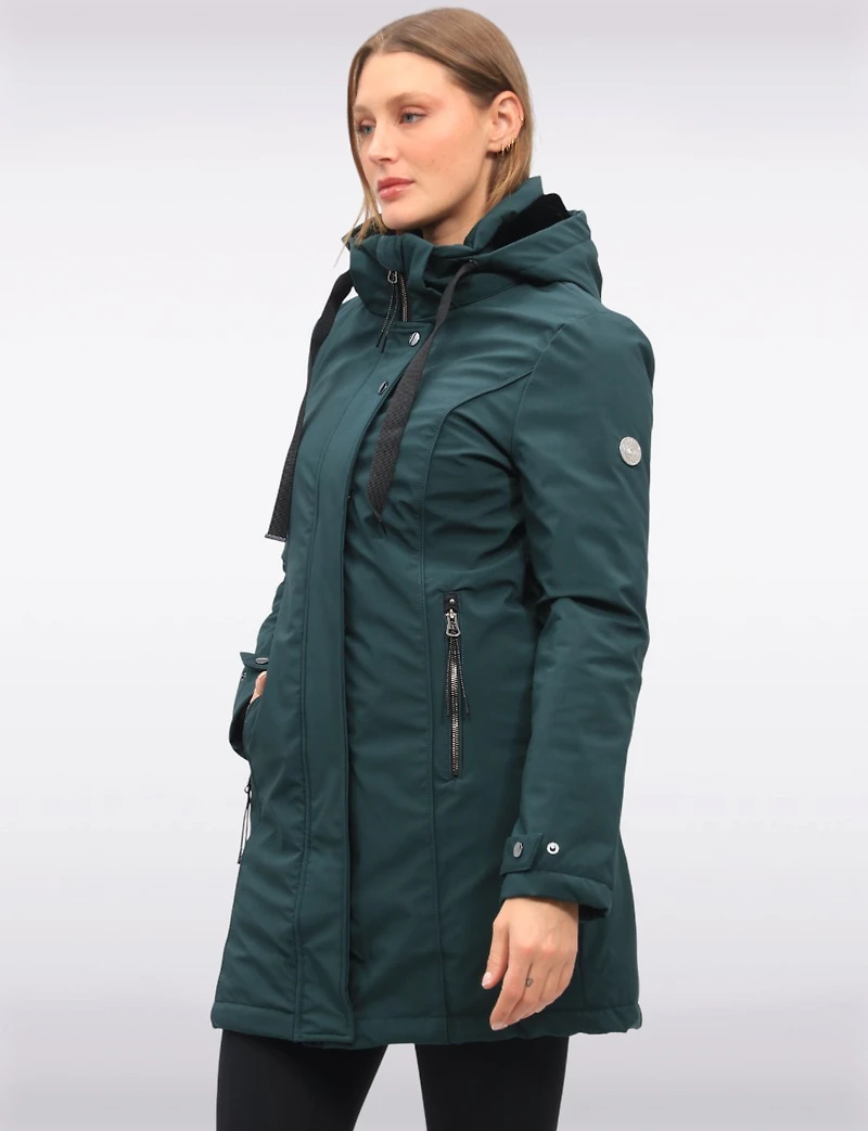 Straight Fit Vegan Smooth Polyloft® Coat Detachable Faux Fur Lined Hood by Saki