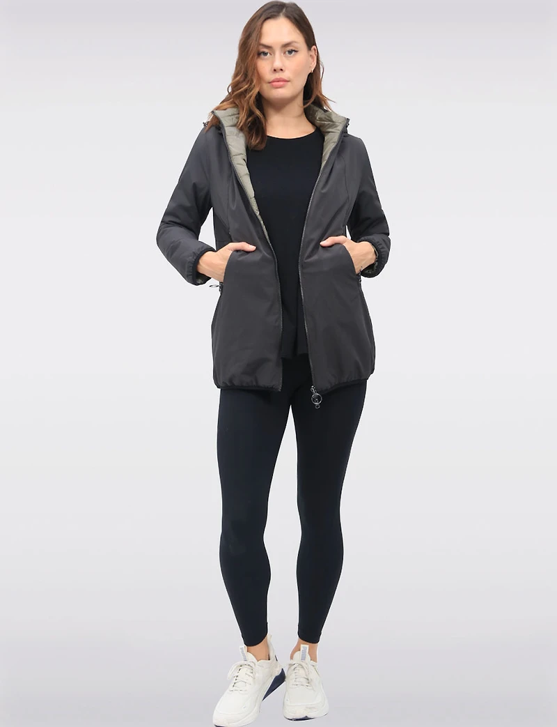 Water Resistant Vegan Reversible Quilted Jacket with Detachable Hood by Saki