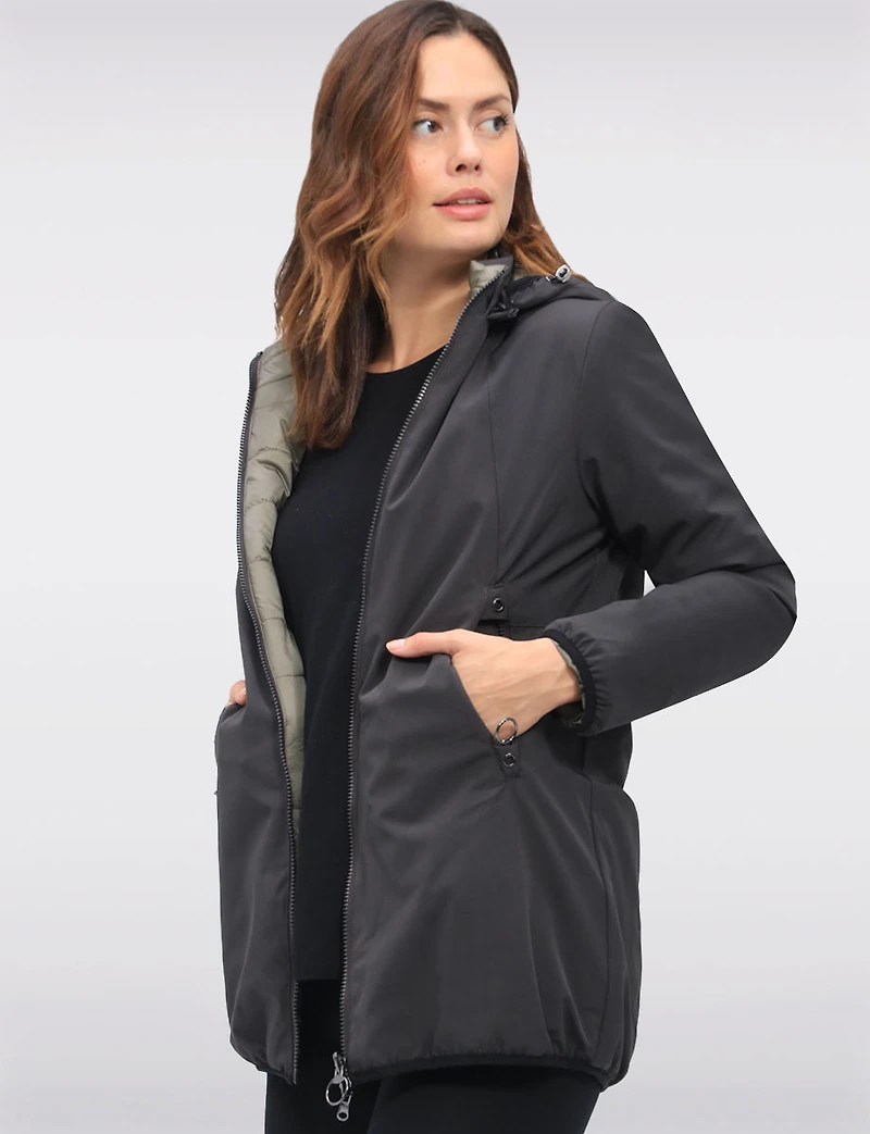 Water Resistant Vegan Reversible Quilted Jacket with Detachable Hood by Saki