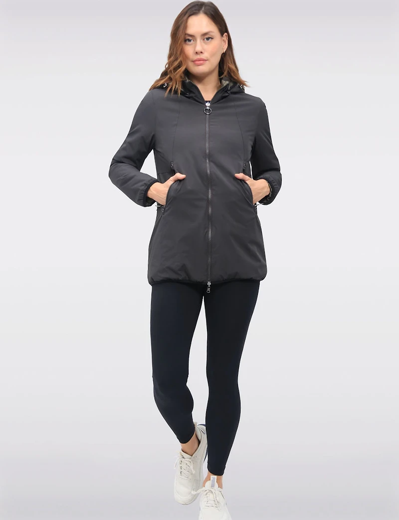 Water Resistant Vegan Reversible Quilted Jacket with Detachable Hood by Saki